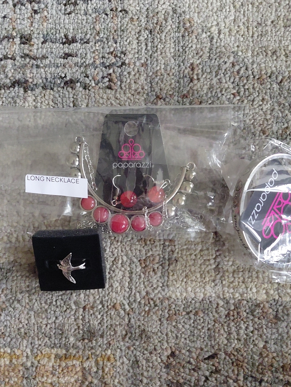 paparazzi Silver Necklace with Red Cabochons Set, Bird Ring, And Silver Cuff